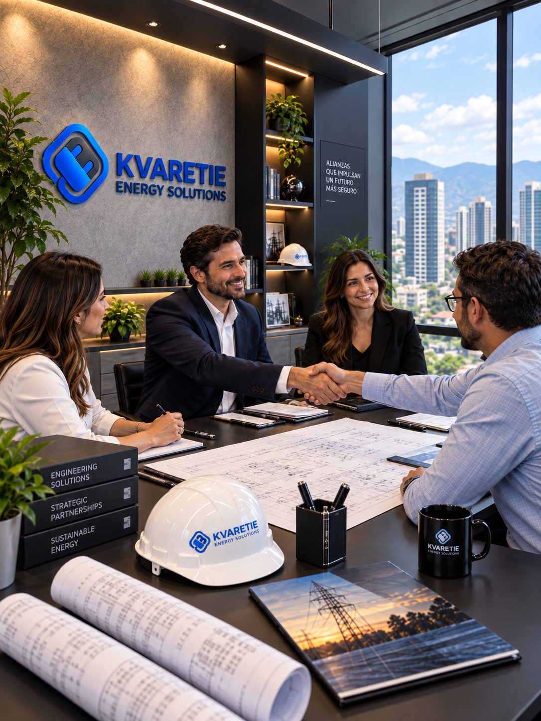 Reunión de trabajo entre el equipo de KVARETIE y un aliado, cerrando un acuerdo de colaboración
