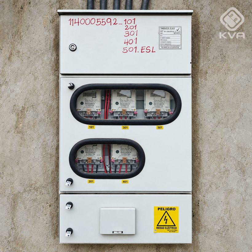 Gabinete de medición eléctrica en fachada exterior