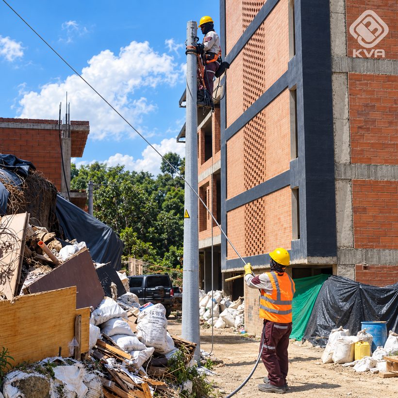 Técnico en altura interviniendo un poste de red