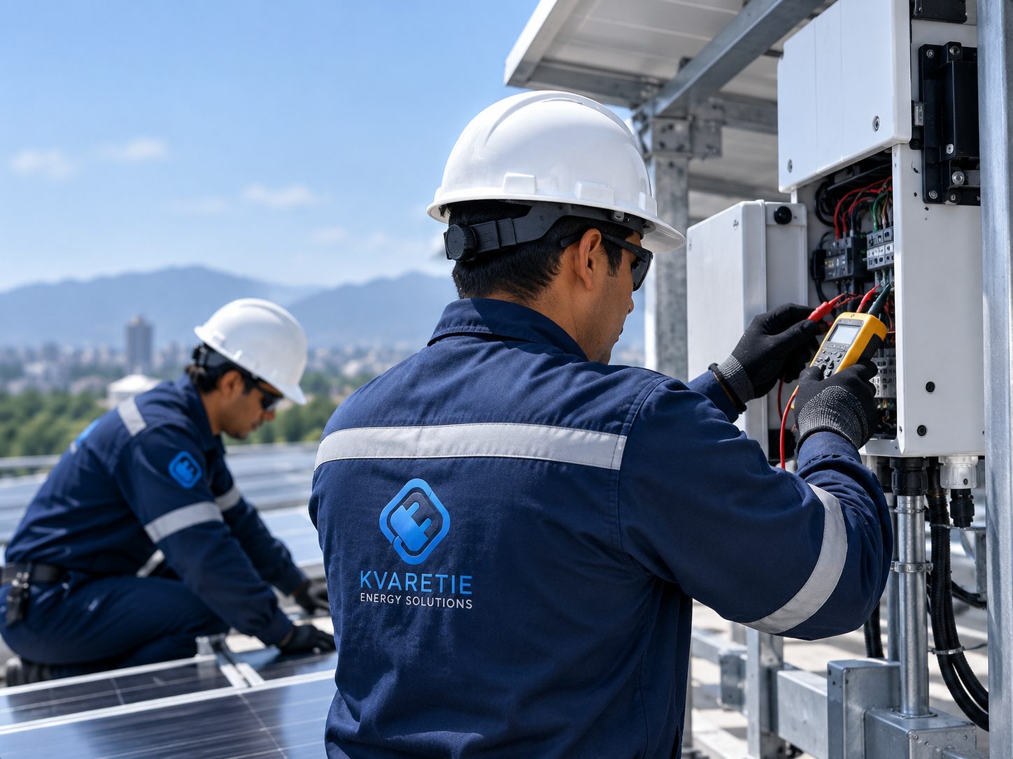 Técnicos de KVARETIE Energy Solutions revisando un tablero eléctrico junto a un sistema fotovoltaico en cubierta