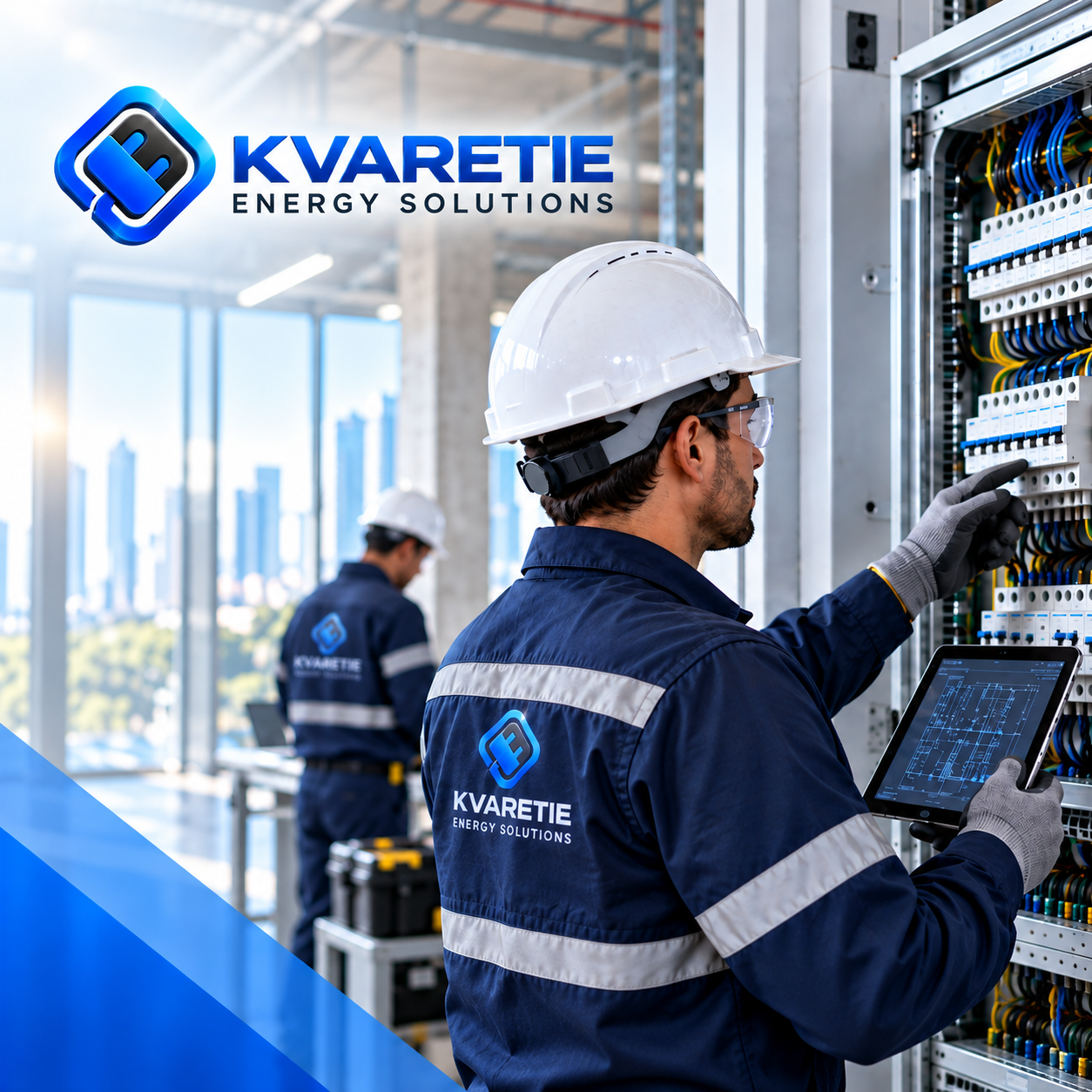Equipo técnico de KVARETIE Energy Solutions revisando un tablero eléctrico